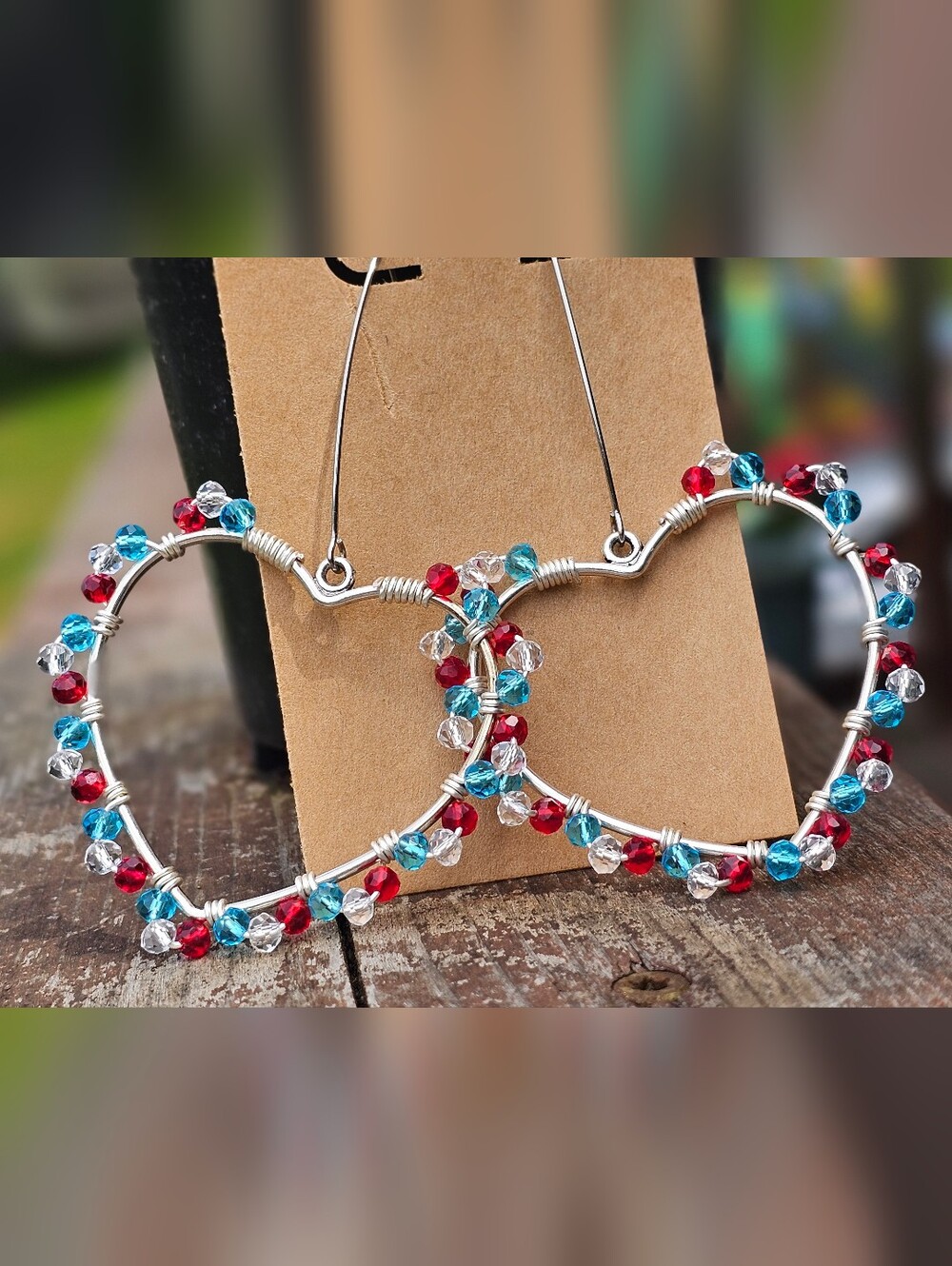 Handmade Patriotic Heart Hoop Earrings - Red, White & Blue Glass Beads